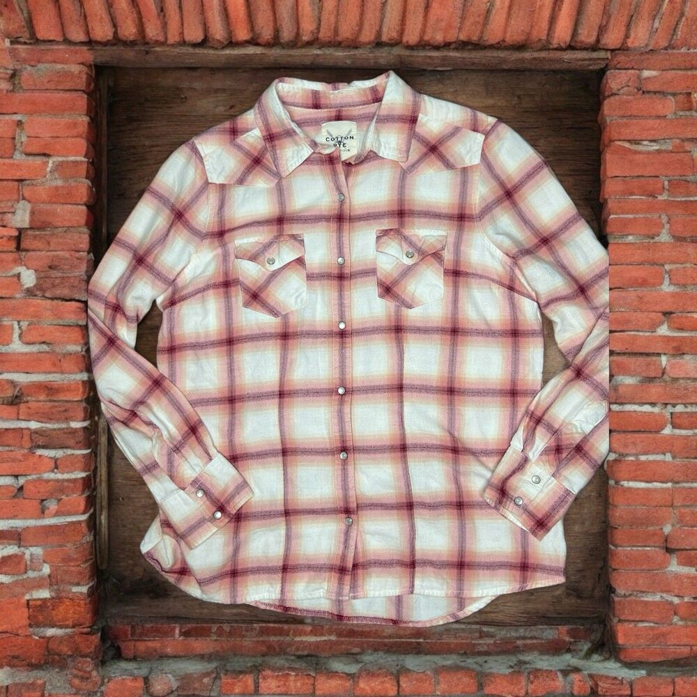 Cotton and Rye Women's Pearl Snap Pink Plaid Western Button Up Shirt Sz S ($50)